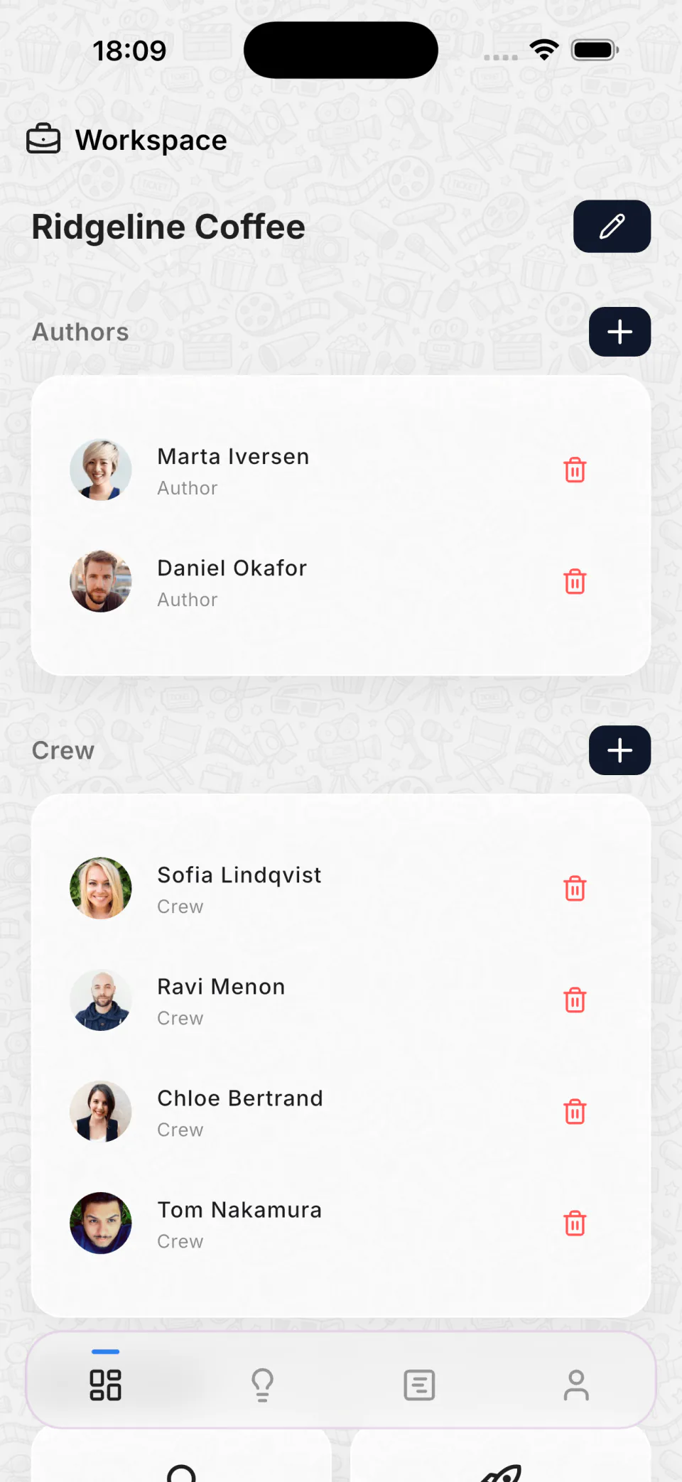 A shared workspace on a phone: two authors and four crew members with their roles