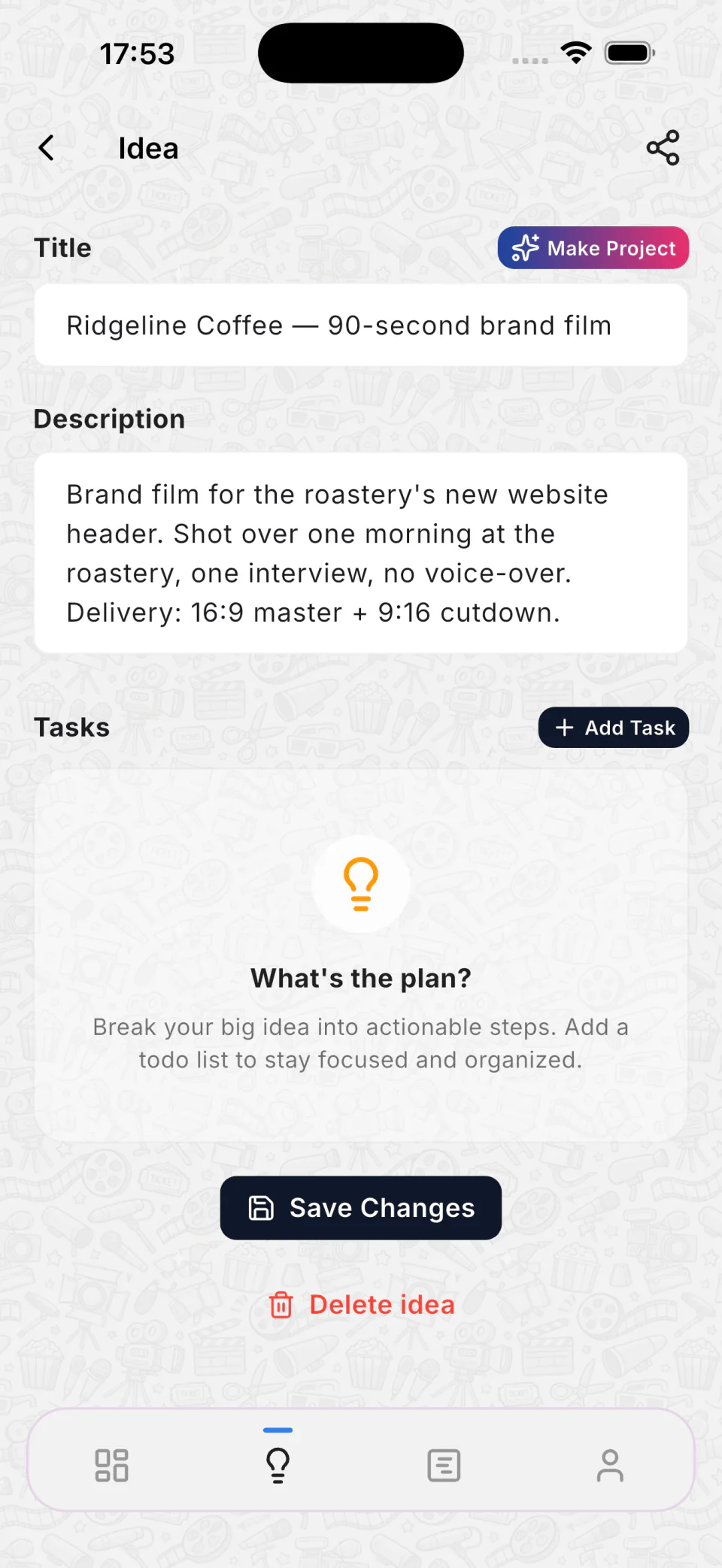 An idea on the phone: title, description and the button that turns it into a project