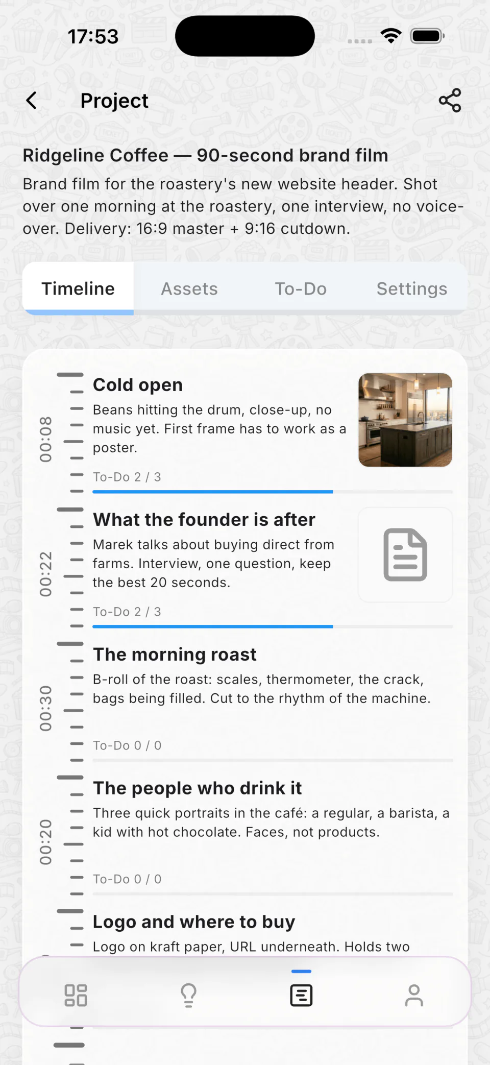 A project timeline on the phone: scenes with durations, attached footage and to-do progress