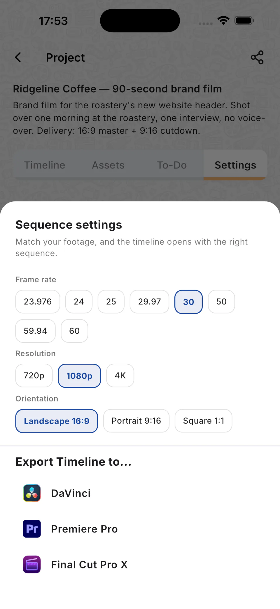 Sequence settings on the phone: frame rate, resolution and orientation, then the list of editors to export to
