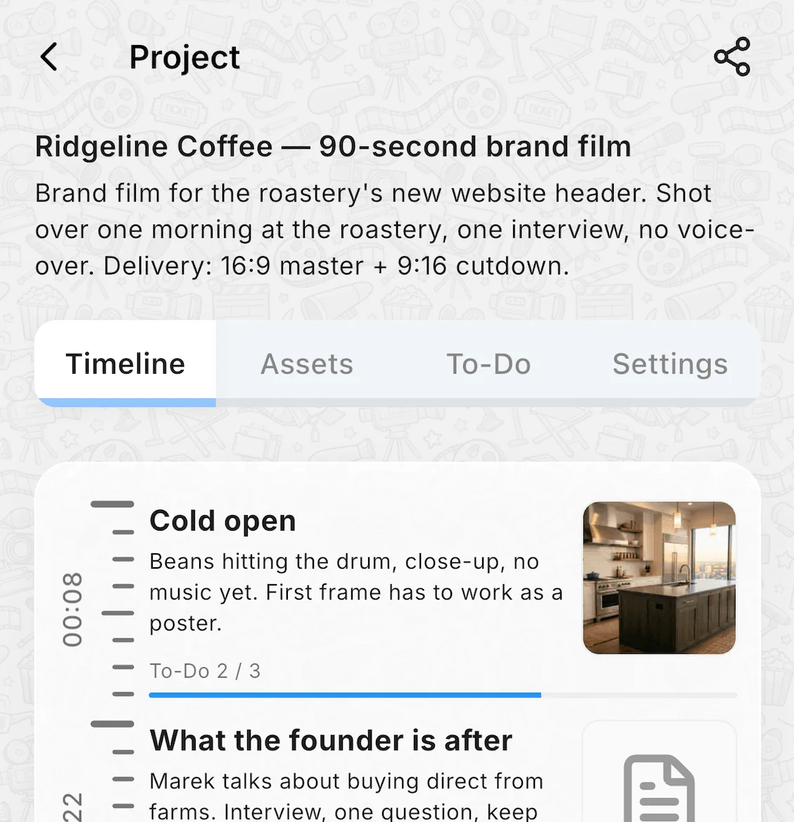 A project in Cutria: scenes on the timeline, each with its duration, script, attached footage and to-do progress